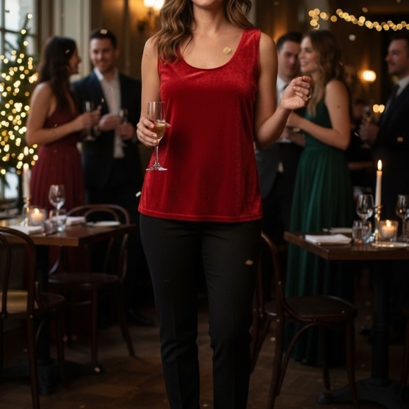 Valerie Stevens - Red Velvet Sleeveless Blouse, Size Medium W/ Pit To Pit Of 38" - Picture 1 of 11